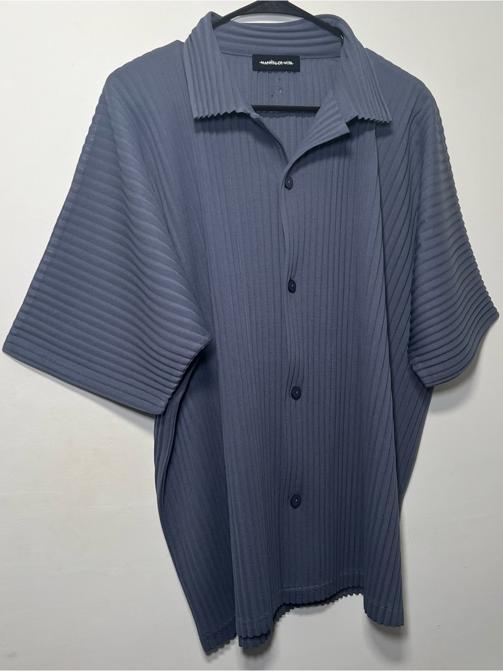 Manière De Voir Men Pleated Short Sleeve Button Up Shirt Blue Lagenlook Textured - Picture 5 of 15